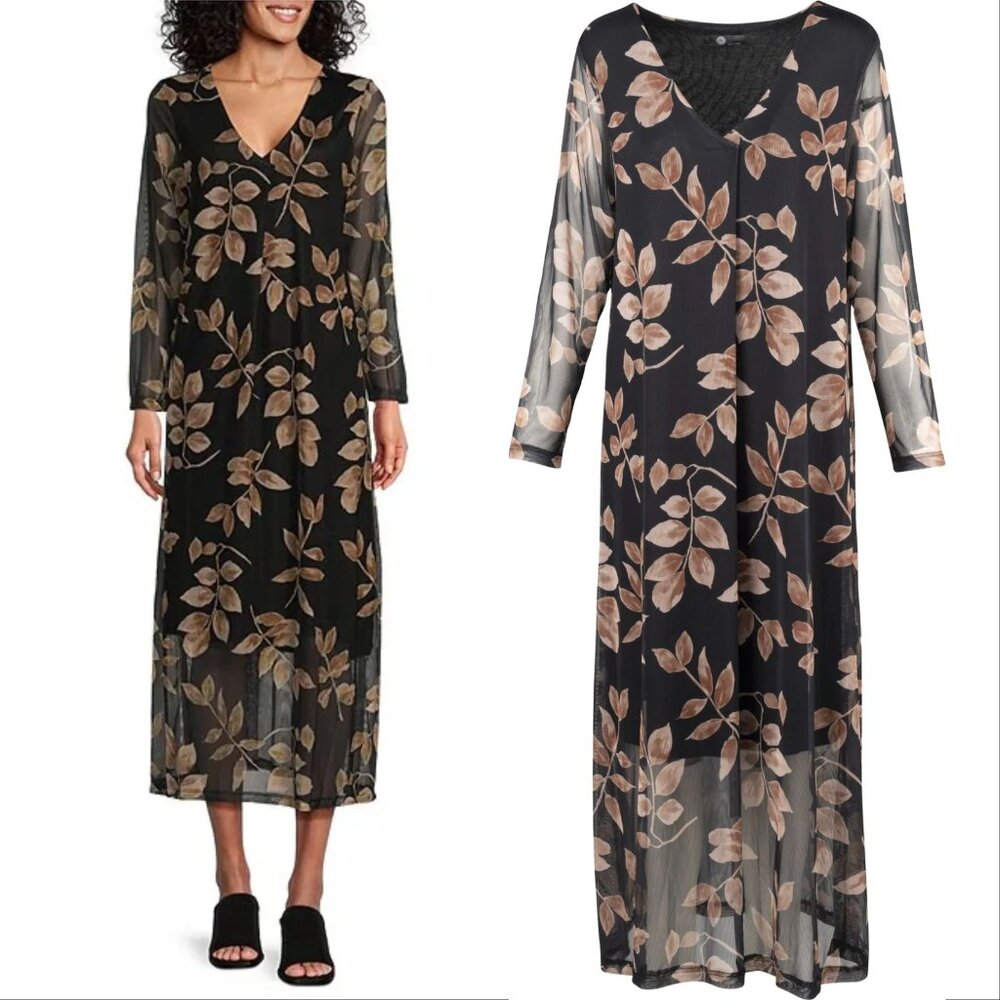 M Made In Italy DRESS Size L Black Branches Mesh Maxi Stretch Sheer NEW $158